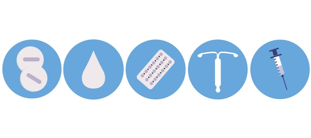 A graphic showing five options for management of adenomyosis: pain medication, non-hormonal treatments, birth control, IUD and birth control shot. 