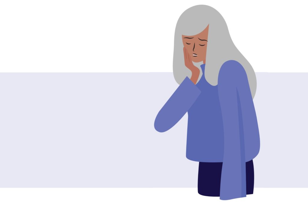 Illustration of a woman with grey hair, touching her face with a solemn expression. 