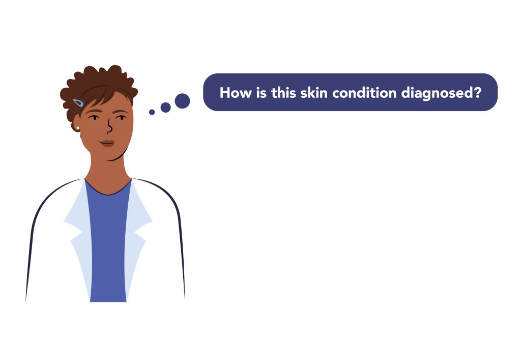 Illustration of a woman with a speech bubble saying "How is this skin condition diagnosed?"